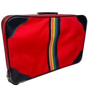 Vintage Bantam Rainbow Stripe Suitcase Red Canvas Retro Travel Luggage 70s